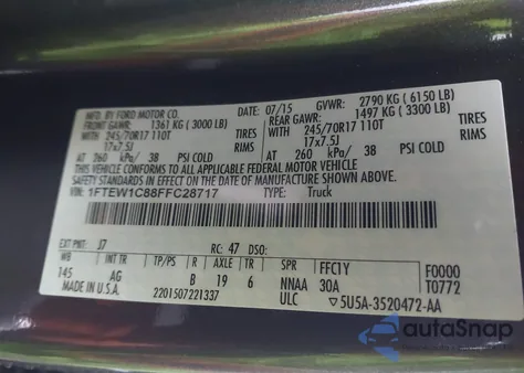 2015 Ford F-150 Xl z USA, uszkodzony, nr VIN 1FTEW1C88FFC28717